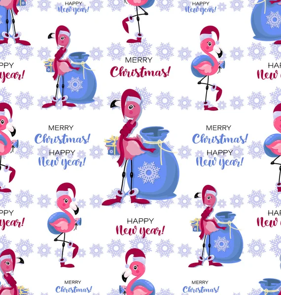 Flamingoyla Noel deseni. Mutlu Noeller ve mutlu yıllar. Kusursuz desen. Noel Baba şapkalı ve hediyeli pembe flamingo. Noel flamingosu.