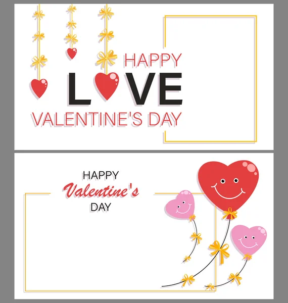 Sevgililer Günü düz tebrik kartı, çerçeve, pembe ve kırmızı kalpli poster. Ayarla. — Stok Vektör