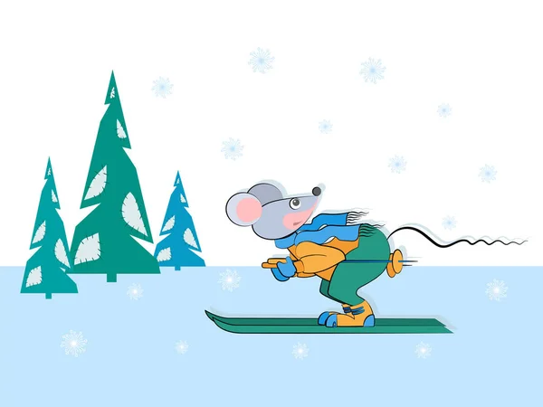 Sportbanner. Mausskiläufer, schneebedeckte Fichte. lustige Zeichentrickfigur. — Stockvektor