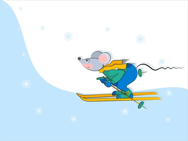 Bannière sportive. Skieur de souris en mouvement. Drôle de personnage de dessin animé . — Image vectorielle