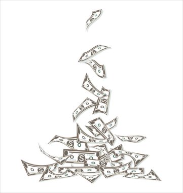 Para akışı. Dolarlar banknot yığınına düşüyor. Dolar aktarımı, para yağmuru. 