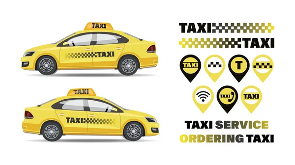 Taksiyle. Araba servisi, taksi siparişi. Vektör simgeleri ve sarı araba kümesi. — Stok Vektör