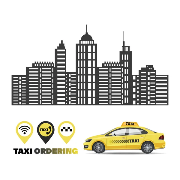 Taksi durağı. Şehir taşıma hizmeti simgesi ayarlandı. Taksi siparişi. — Stok Vektör