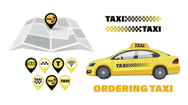 Taxi car. Ordinazione taxi. Mappa. Set di icone del servizio di trasporto urbano . — Vettoriale Stock