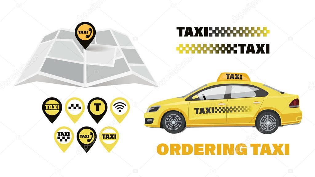 Taxi car. Taxi ordering. Map. City transport service icon set.