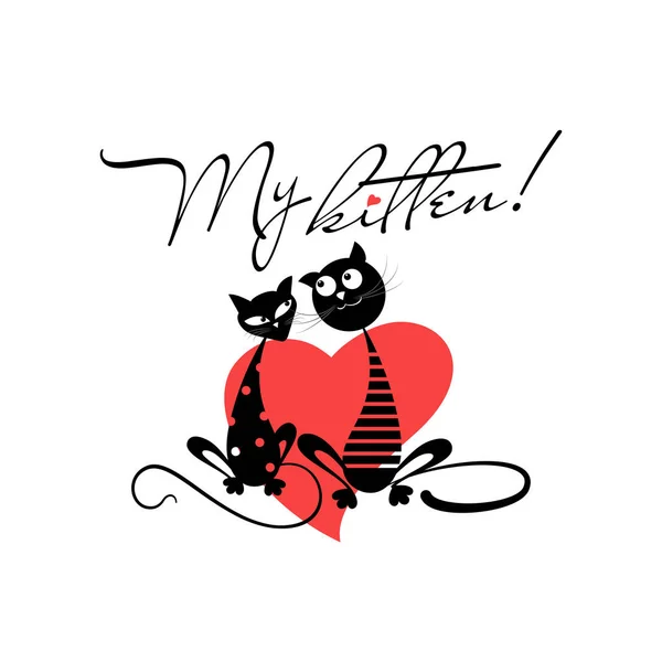 Heart. Couple cats. Valentine card emblem. My kitten.