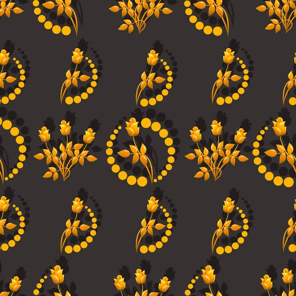 黄金のバラ バラの花束とベクトルの背景 黒を基調とした模様 黄金の花とシームレスなパターン お祝いパーティー ギフト包装を飾るための花のモチーフ — ストックベクタ