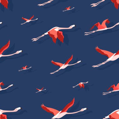 Uçan flamingo geçmişi. Pembe kuşlarla vektör çizimi. Temalı posterler, siteler, tekstil için mavinin üzerinde pürüzsüz desen.