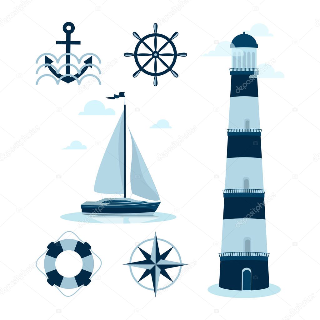 Marine set. Sailing yacht, lighthouse, helm and compass. Vector illustration isolated on white background with elements of marine subjects for the poster, banner, sticker.