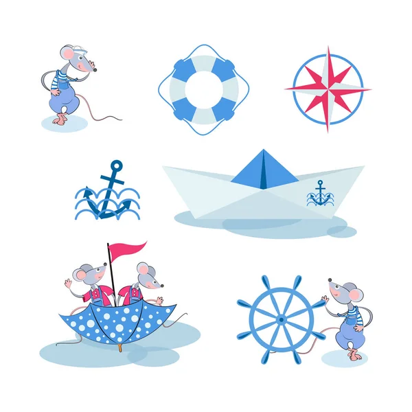 海军陆战队集合 老鼠水手 伞和纸船 卡通人物 婴儿纺织品的设计 老鼠年 白色背景上的矢量说明 — 图库矢量图片