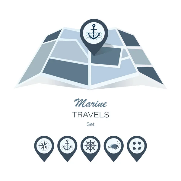 Mapa Viaje Por Mar Iconos Ubicación Plana Con Tema Náutico — Vector de stock