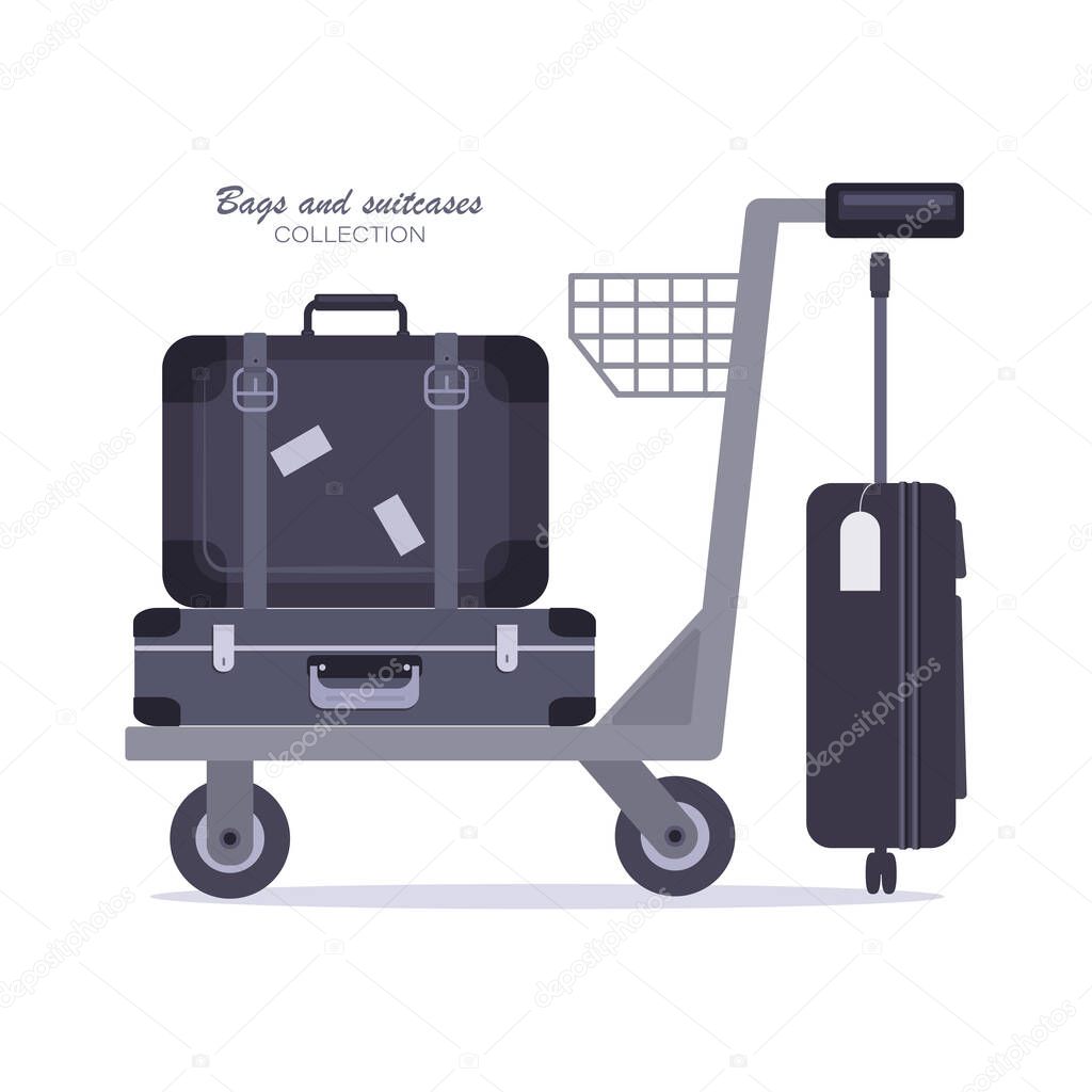 Baggage. Luggage trolley. Vector set flat icon.  illustration on a white background. Design for sites, advertising of tourist and business trips.