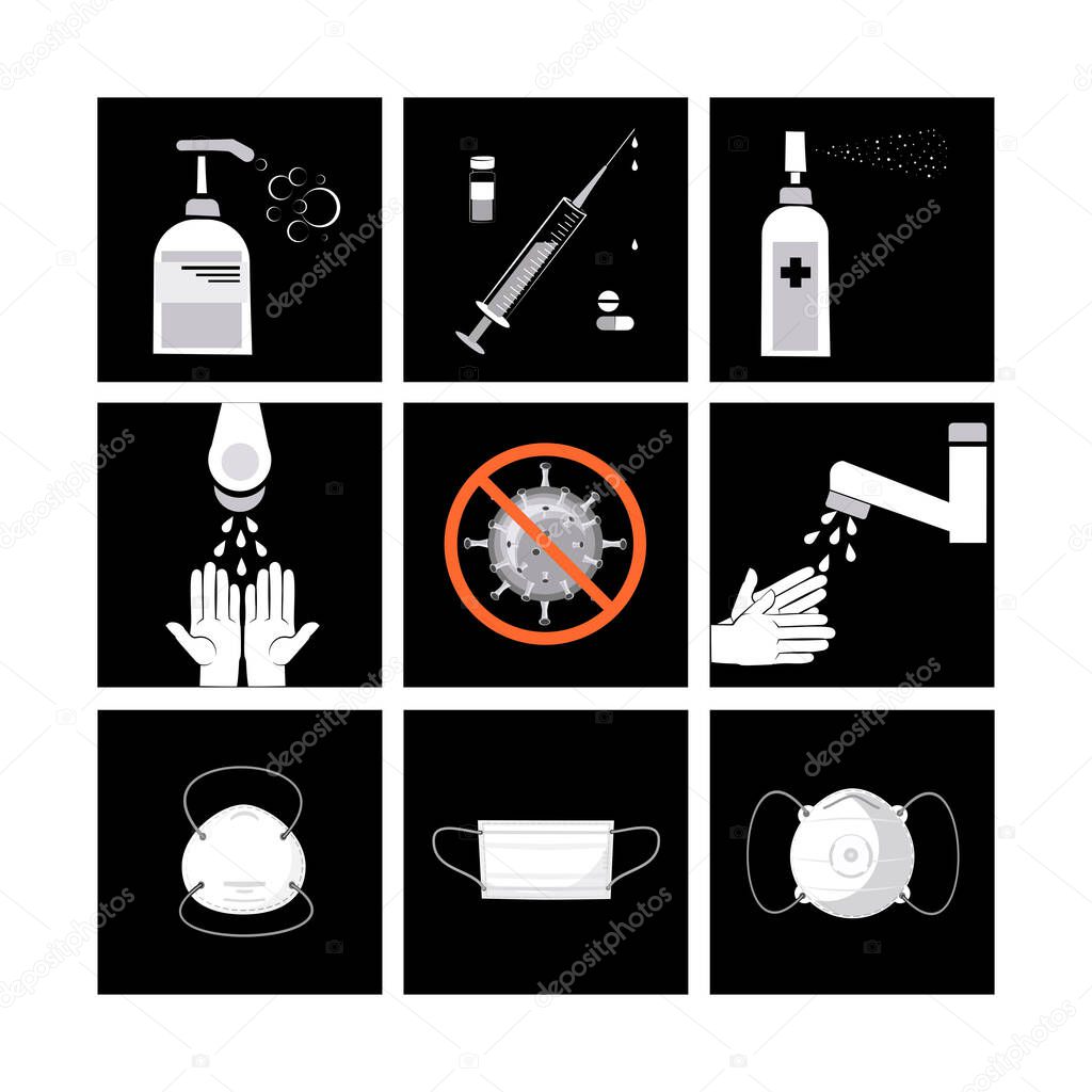 Set icons. COVID-19 warning. Protection, disinfection. Vector illustration for science and medical use, informing, preventing spreading infections.