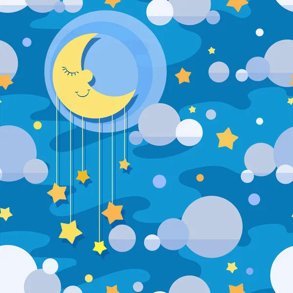 漫画の背景 眠る月 星と雲 青いベクトルシームレスパターン 赤ちゃんの繊維のためのデザイン 季節をテーマにした背景 — ストックベクタ