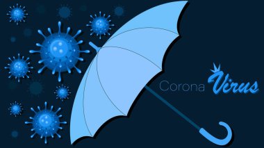 Covid-19. Virüsler, şemsiye. Coronavirus geçmişi. Bulaşıcı hastalıklara karşı koruma. Bilim ve tıbbi kullanım için vektör illüstrasyon, viral enfeksiyonların yayılmasını önleme, bilgilendirme.