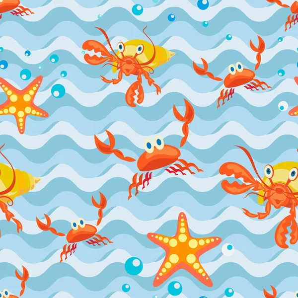Fond Marin Bande Dessinée Crabes Étoiles Mer Bernard Ermite Modèle — Image vectorielle