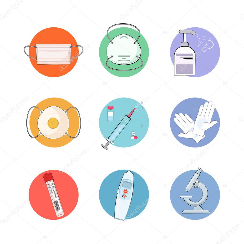 Covid-19. Microbiology. Set. Signs, stickers, icons. Vector illustration for science and medical use, informing, preventing the spread of infections.