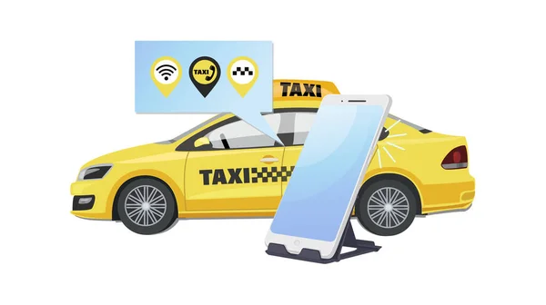 Smartphone Taxi Comanda Serviciu Auto Set Icoane Vectoriale Mașină Galbenă — Vector de stoc
