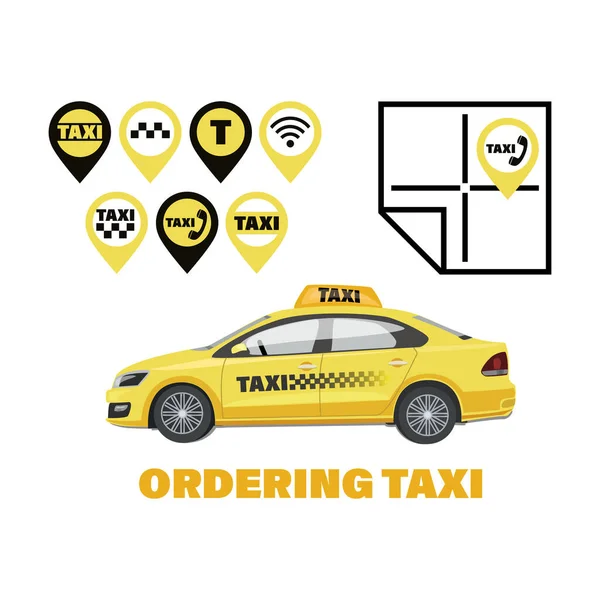 Hartă Taxi Serviciu Auto Comandă Taxi Set Icoane Vectoriale Mașină — Vector de stoc