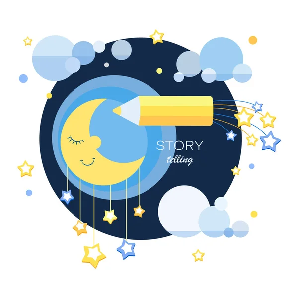 Cielo Nocturno Luna Lápiz Una Historia Emblema Cuente Historia Tiempo — Vector de stock