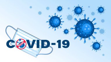 Virüs saldırısı. Tıbbi maske. Dur, COVID-19. Flaş 2020. Poster, arka plan. Evde kal. Bilim ve tıbbi kullanım, bilgilendirme, viral enfeksiyonların yayılmasını önleme.