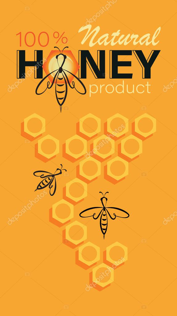 Honey background. Linear bee logo, honeycomb and the inscription on an orange background. Emblem, label, business card. Vector illustration for business promotion.