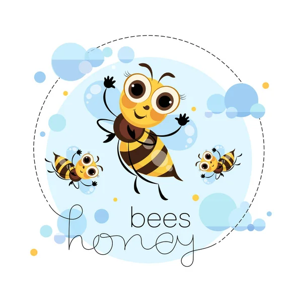 Des abeilles chaudes. Les abeilles volent dans les nuages. Cartoon personnage mignon. Emblème, autocollant, étiquette, mascotte. Lettres . — Image vectorielle