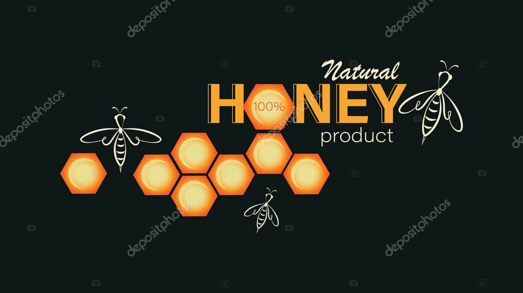 Swarm bee, honeycomb. Emblem, label, business card. Linear bee logo, honeycomb and the inscription on a black background. Vector illustration for business promotion.