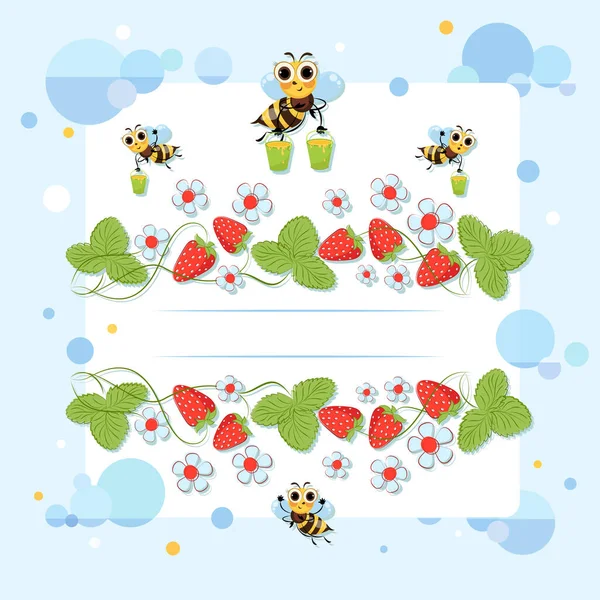 Клубничный плакат. Пчелиный рой собирает мед. Яркие цветы, ягоды и насекомые. Векторная иллюстрация — стоковый вектор