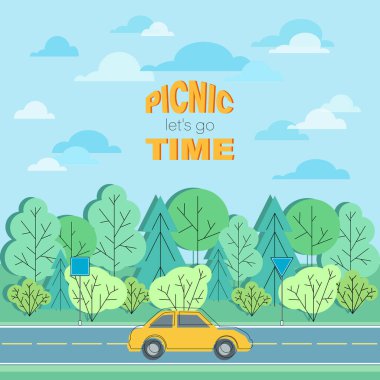 Parkta piknik. İlkbahar yaz manzarası. Piknik ailesi. Seyahat zamanı, konsept. Aile gezisi ya da piknik, orman, bahçe. Vektör illüstrasyonu.