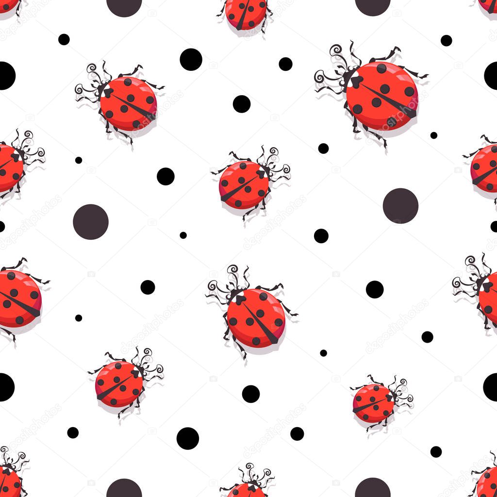 Ladybird. Vector cartoon character. Pattern, background. Cute red ladybugs on white background with a small pot.