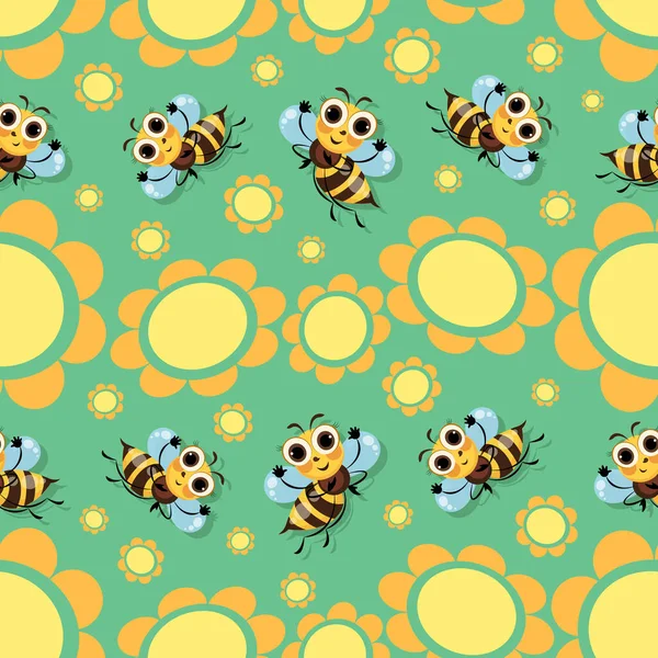 蜂が群がってる。花は咲き、蜂は花の間を飛びます。緑の背景。シームレスなパターン — ストックベクタ