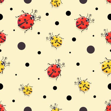 Uğur böceği. Vektör çizgi film karakteri kalıbı, arka plan. Işıklı arka planda sevimli kırmızı ve sarı uğur böcekleri 