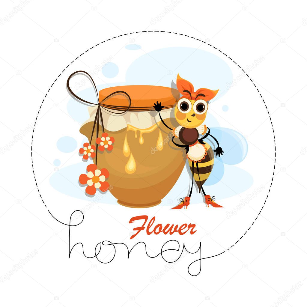 Flower honey. Proprietress bee. Hostess bee. Vector honey label, emblem design. Concept for organic honey products.