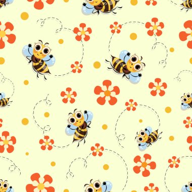 Komik arılar. Çiçekler. Arı sürüsü çayırı. Yabanarısı çiçeklerin arasında uçar. Arka plan, pürüzsüz desen