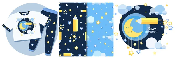 Sweet dreams. Pajama Party, emblem, pattern. Set. Night sky. Moon, pencil. — Stock Vector
