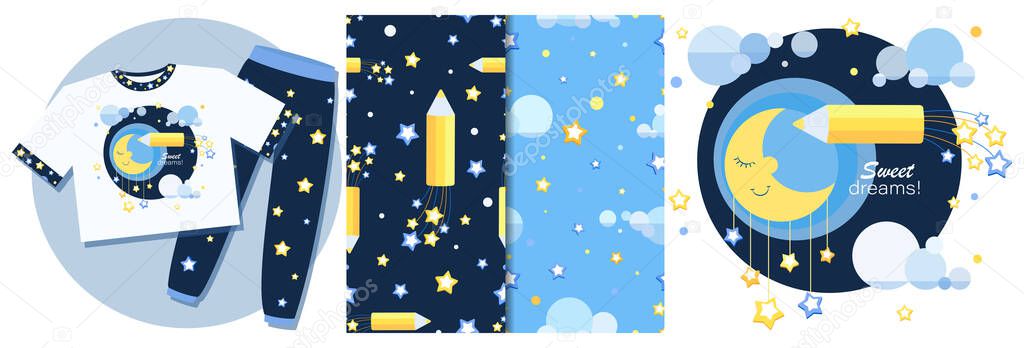 Sweet dreams. Pajama Party, emblem, pattern. Set. Night sky. Moon, pencil. 