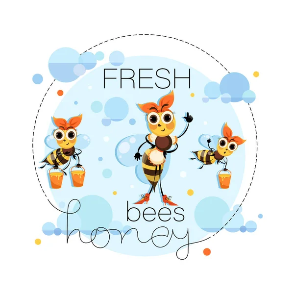 Du miel frais. Propriétaire abeille. Hôtesse abeille. Étiquette vectorielle miel, emblème design.Les abeilles chaudes volent dans les nuages . — Image vectorielle