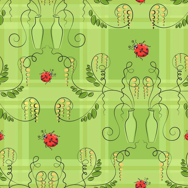 花の花瓶。レッド・レディバード。装飾的な植物、葉。ベクトルライトグリーンの背景パターン。かわいいテントウムシ — ストックベクタ