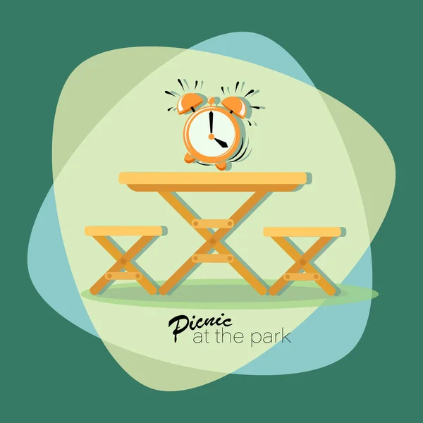TIEMPO PICNICO. Reloj despertador. Picnic en el parque. Ilustración plana vectorial. Mesa con sillas. Emblema — Vector de stock