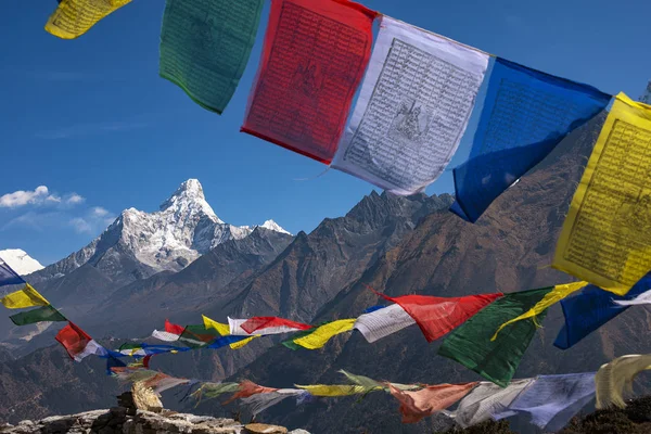 Banderas Oración Tibetanas Budistas Coloridas Lungta Con Maravillosa Vista Montaña Imagen de archivo