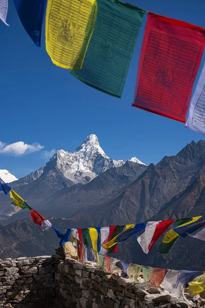 Banderas Oración Tibetanas Budistas Coloridas Lungta Con Maravillosa Vista Montaña Imagen de stock