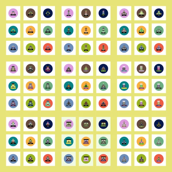 彩色圆圈中的时尚矢量图标集不同类型的建筑物 — 图库矢量图片