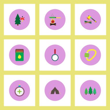 Renkli şık vektör simgeler toplama kamp ekipmanları daireler