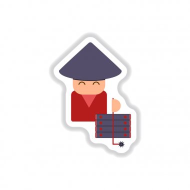 Vektör çizim kağıt etiket tarzı Çinli fişeklerle geleneksel konik şapkalı Çin yeni yılı kutlama