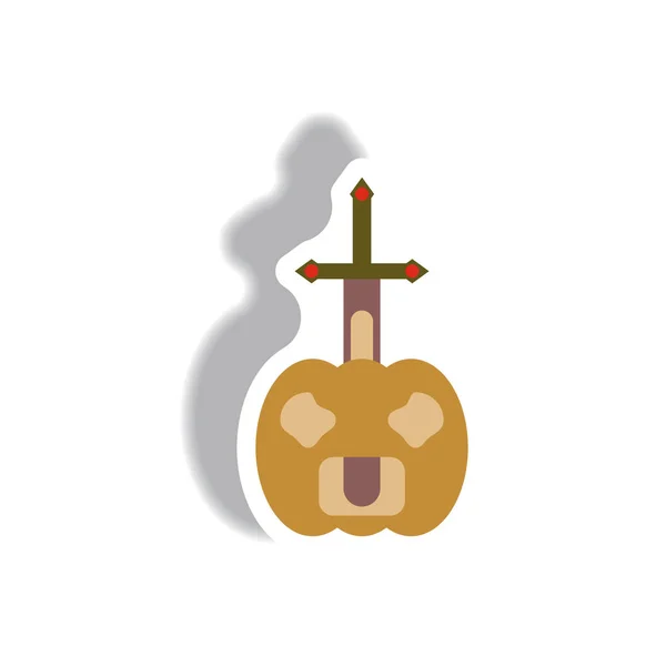 Paper Sticker Halloween Icon Pumpkin Sword — Stock Vector