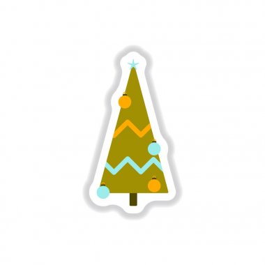 Vektör çizim kağıt etiket stili Noel ağacında topları ile dekore edilmiştir.