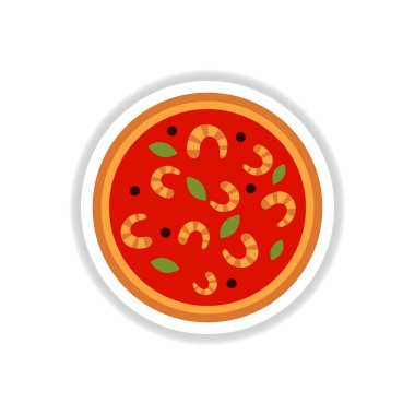 Karides pizza. Vektör çizim. basit pizza simge etiketi Üstten Görünüm