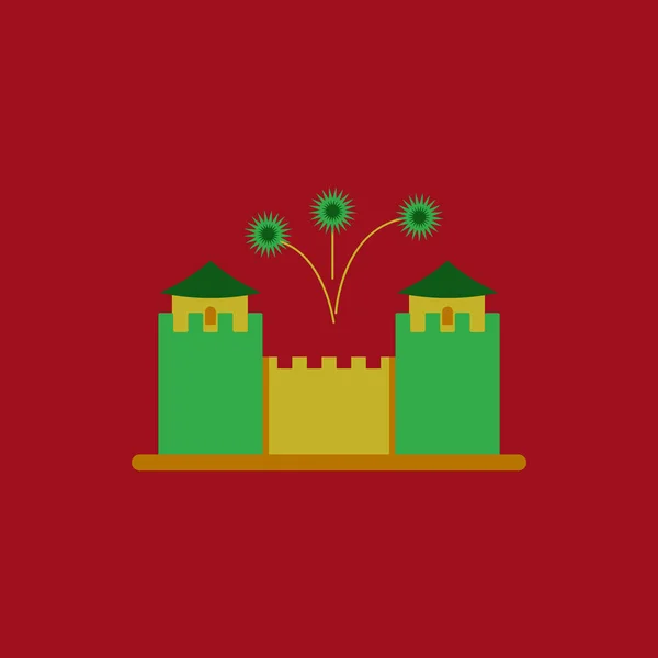 万里の長城記念碑フラット スタイル万里の長城と花火で中国の新年のお祝いのベクトル イラスト — ストックベクタ