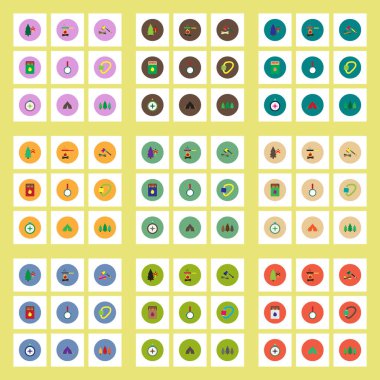 Renkli şık vektör simgeler toplama kamp ekipmanları daireler